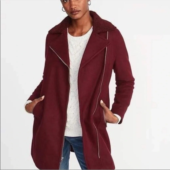 ✨NWT Old Navy Wine Red Long Brushed Felt Sherpa Collar Moto Jacket Coat Medium - Picture 5 of 12